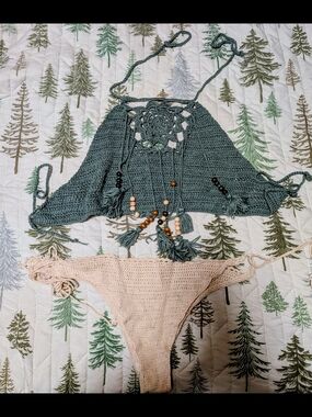 Crochet Bikini Set - Teal Top & Cream Bottom